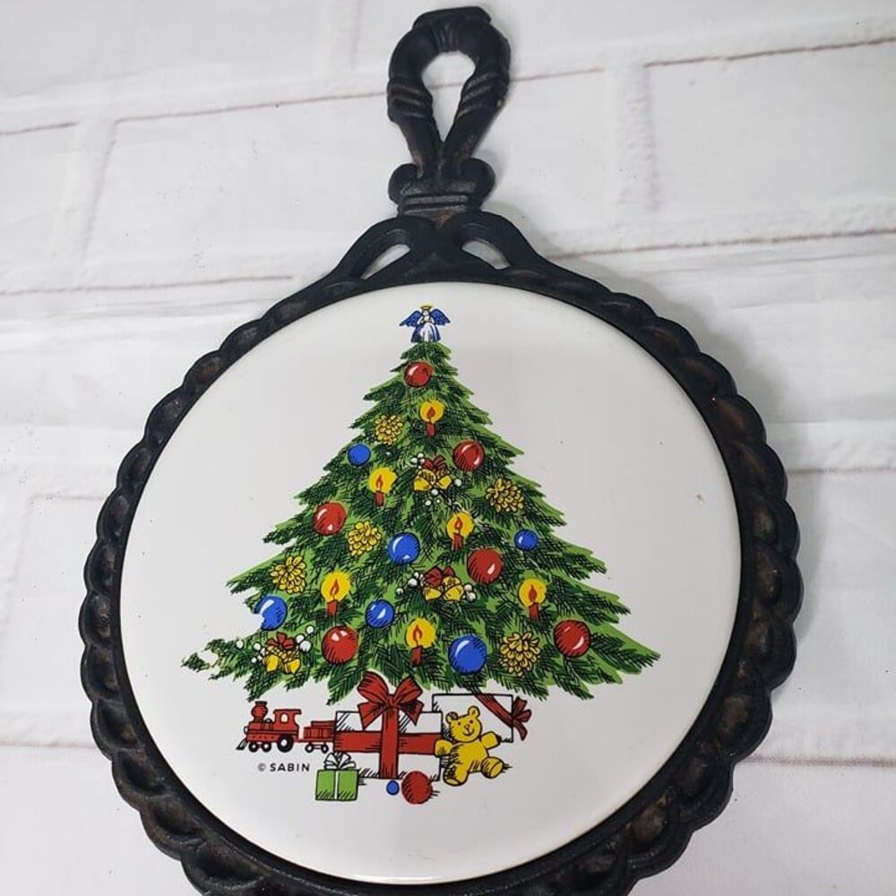 Vintage Porcelain Green Christmas Tree Iron Trivet Holiday Decor